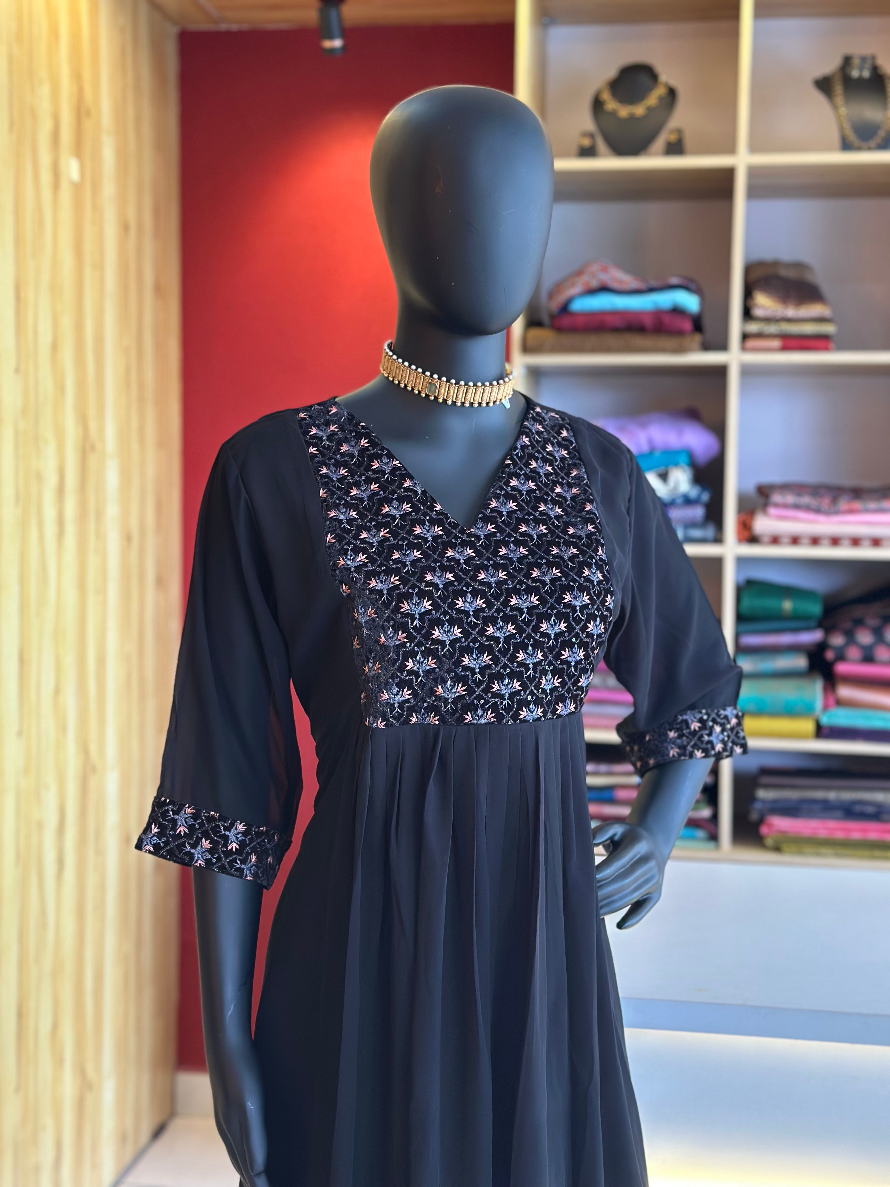 Black Georgette Tops and Kurtis with Elegant Thread Work