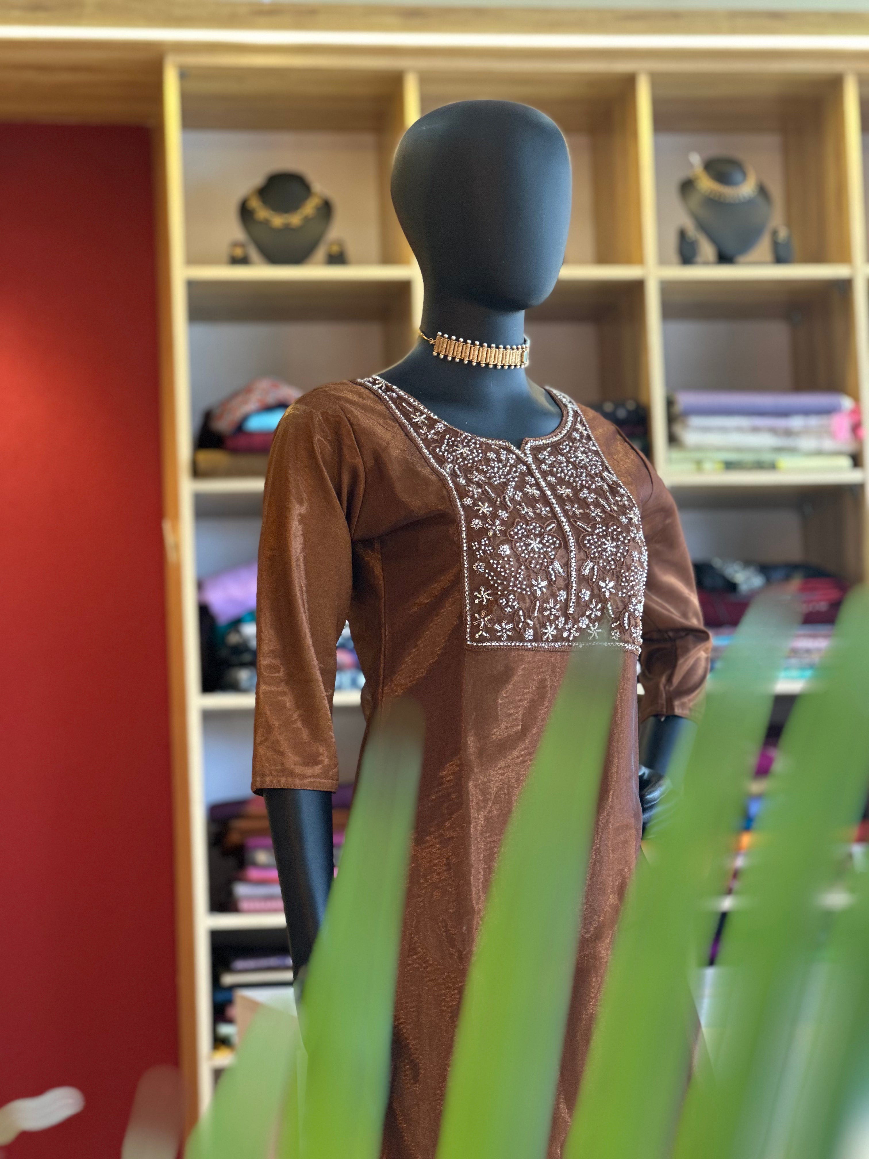 Brown Semi Party Wear Designer Kurti – Elegant Embroidered Perfection