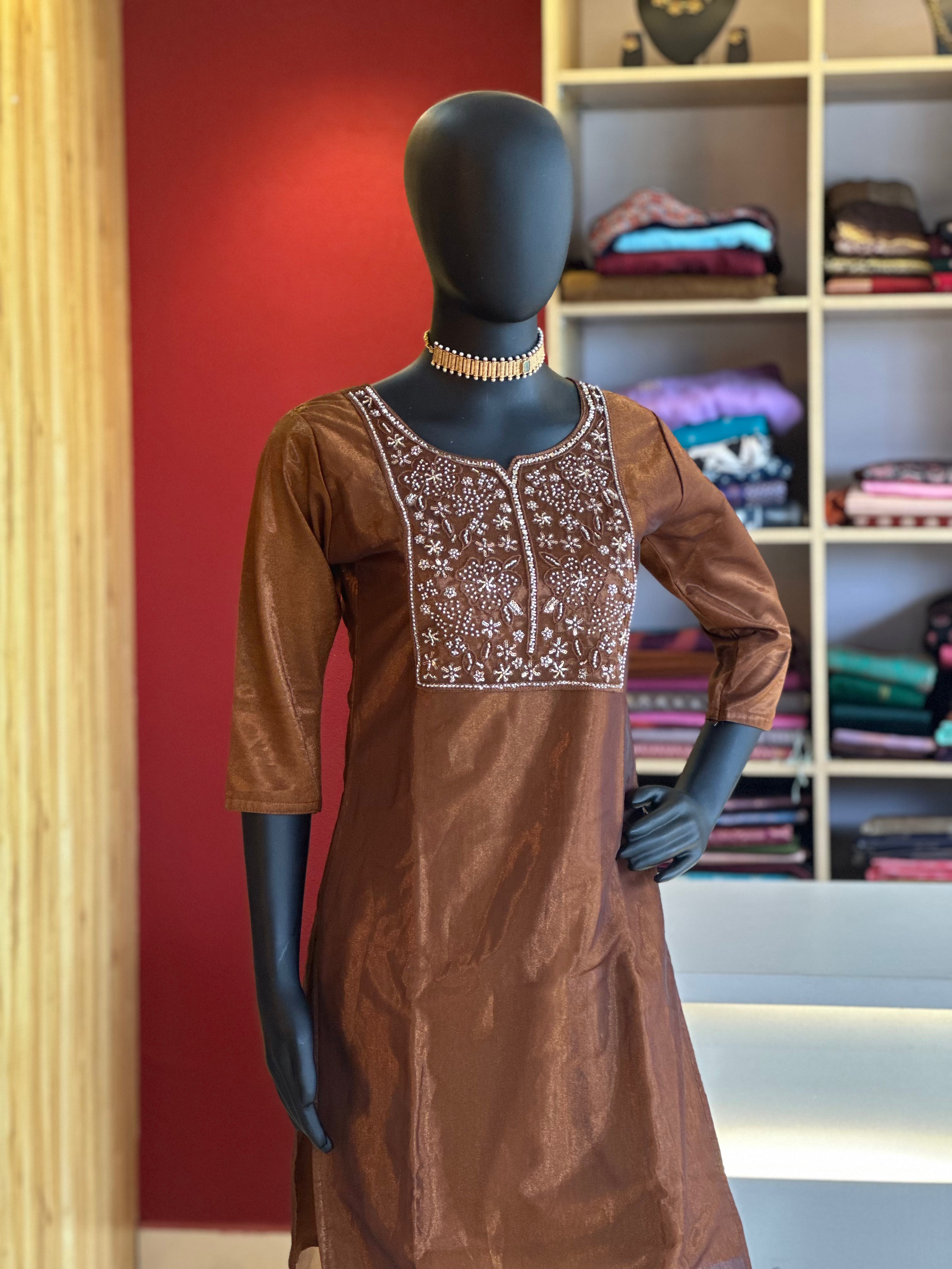 Brown Semi Party Wear Designer Kurti – Elegant Embroidered Perfection