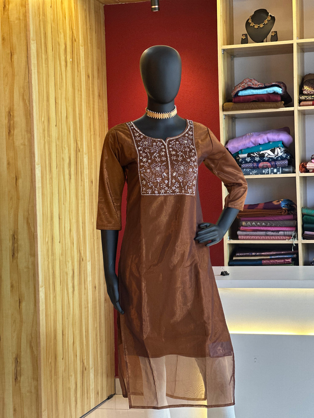 Brown Semi Party Wear Designer Kurti – Elegant Embroidered Perfection