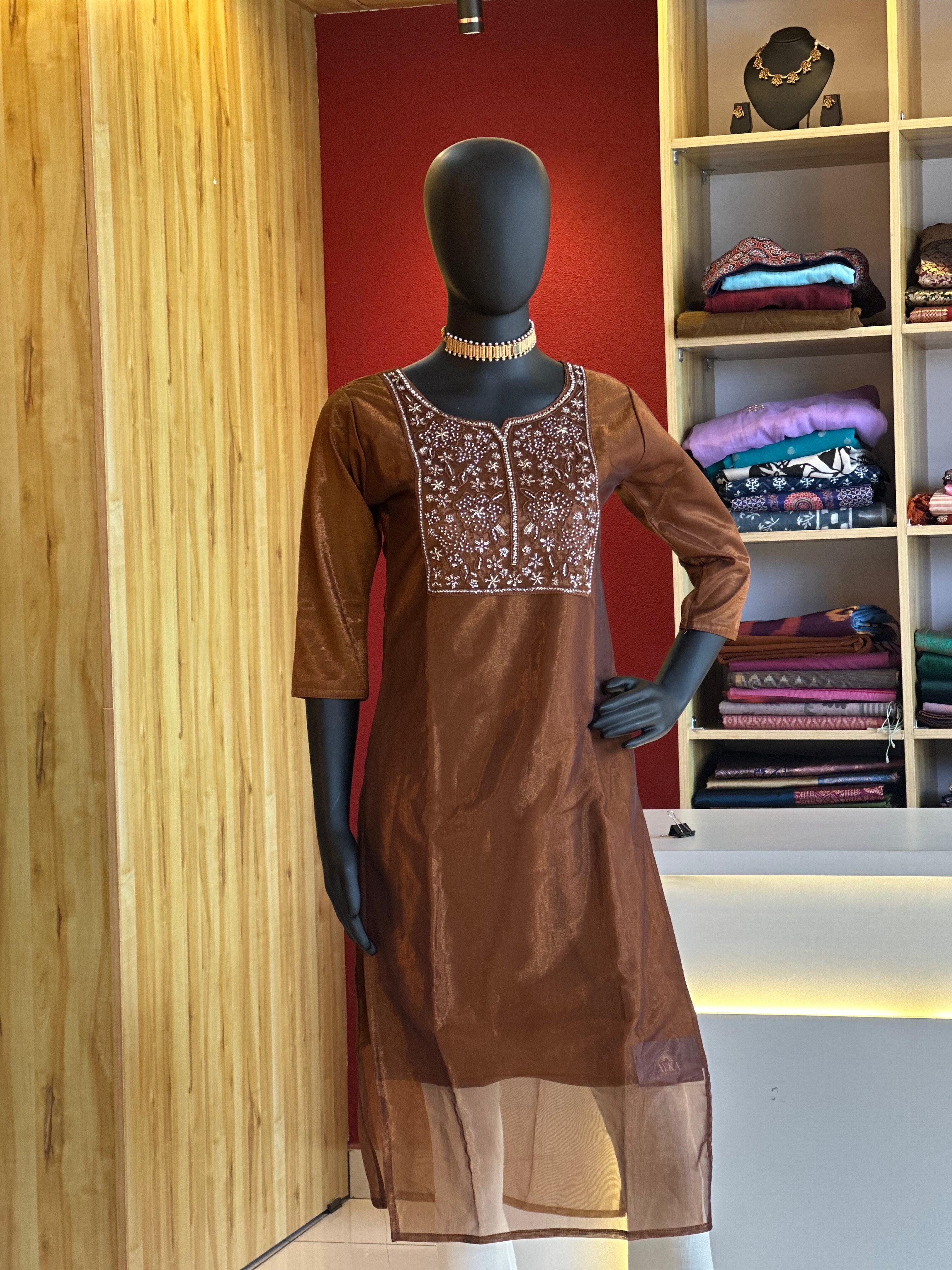 Brown Semi Party Wear Designer Kurti – Elegant Embroidered Perfection