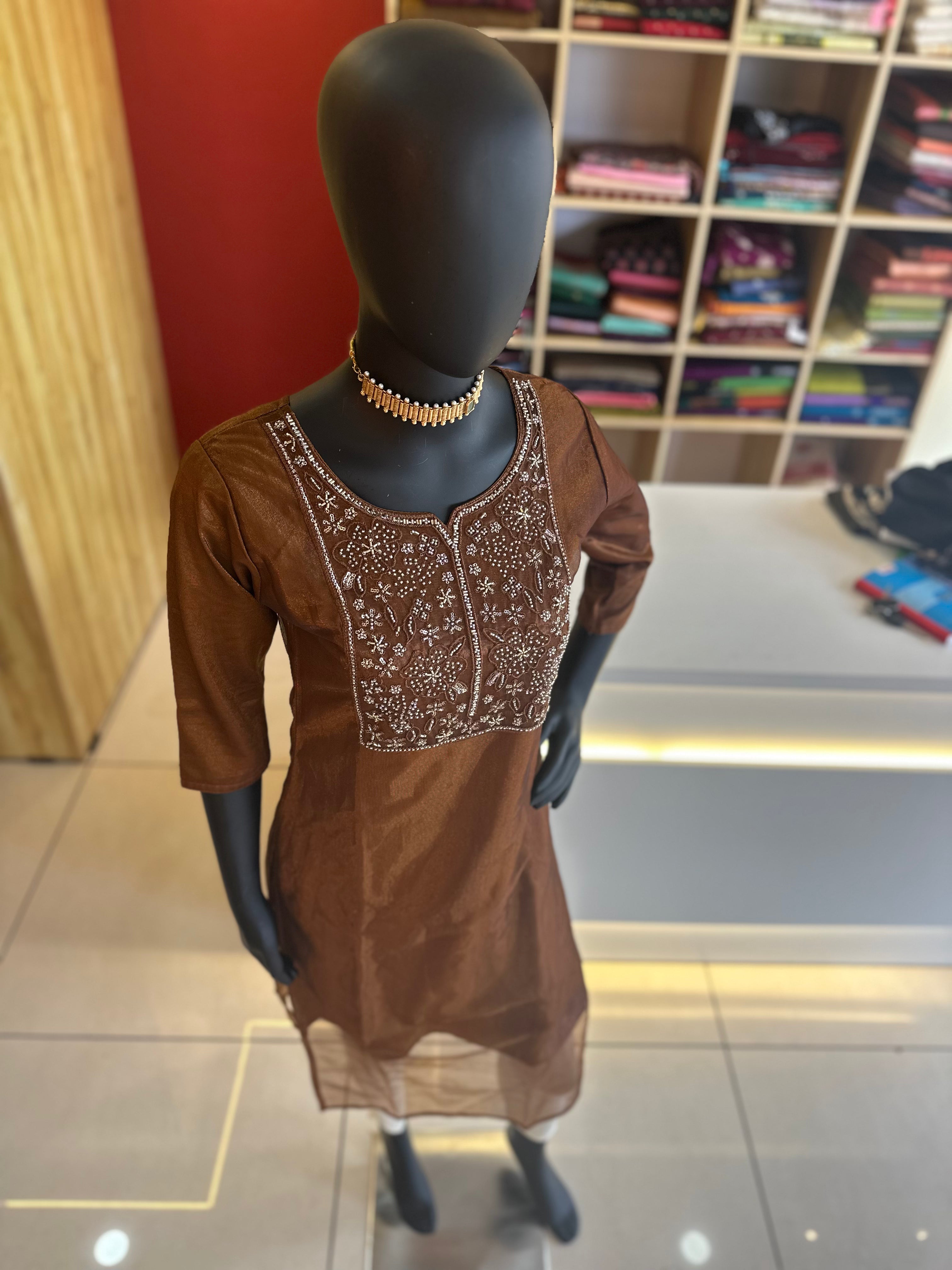 Brown Semi Party Wear Designer Kurti – Elegant Embroidered Perfection
