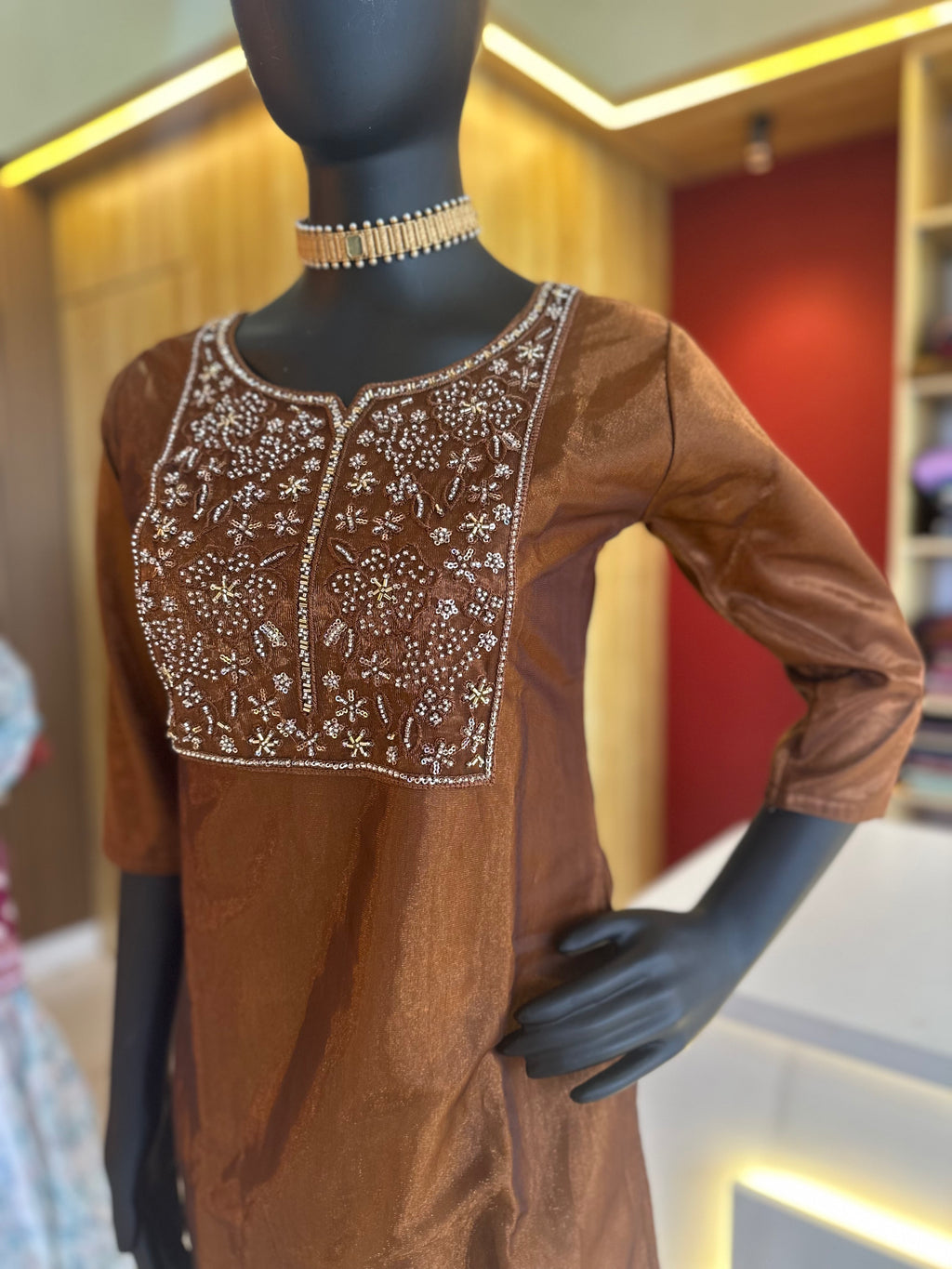 Brown Semi Party Wear Designer Kurti – Elegant Embroidered Perfection