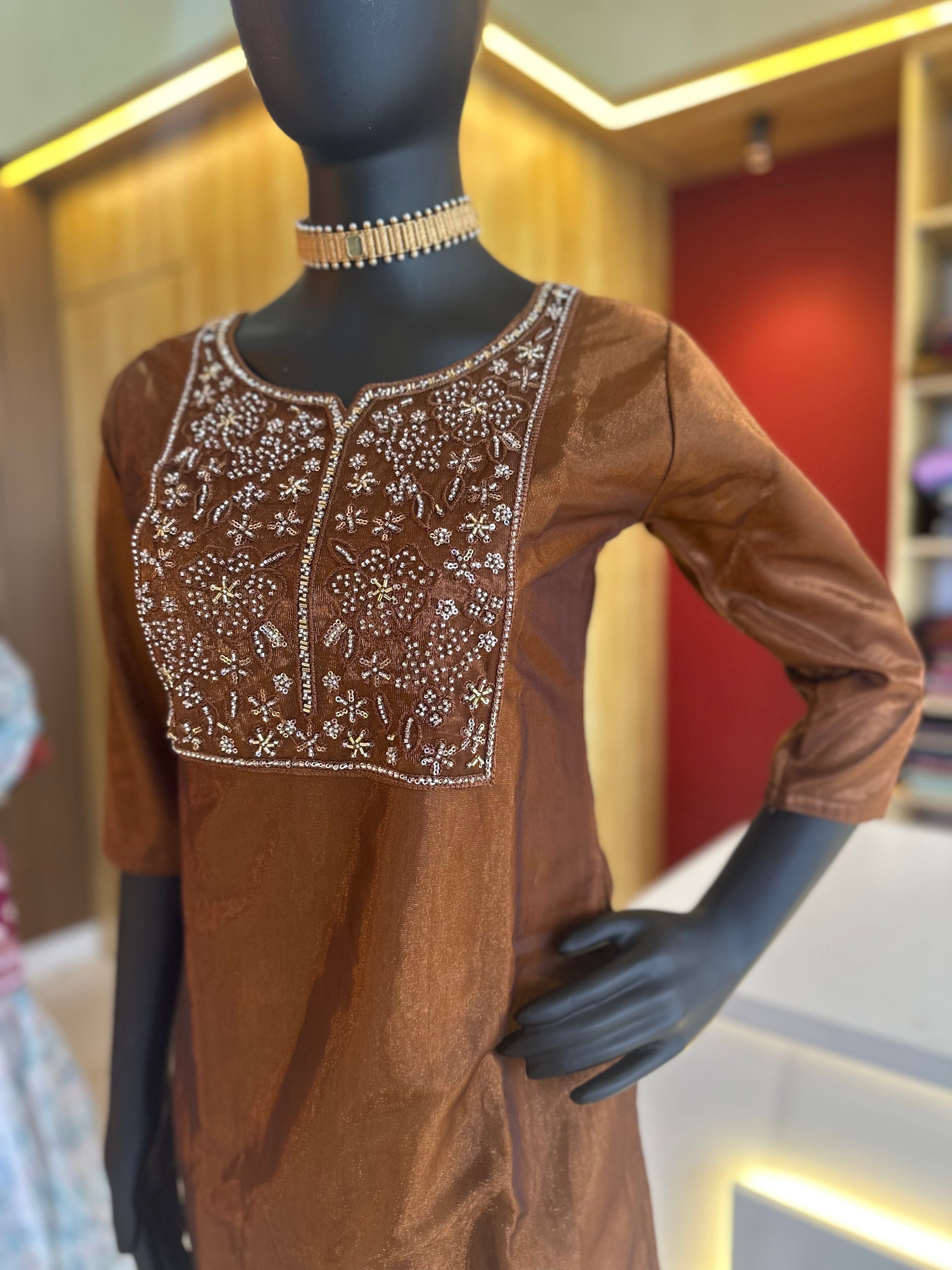Brown Semi Party Wear Designer Kurti – Elegant Embroidered Perfection