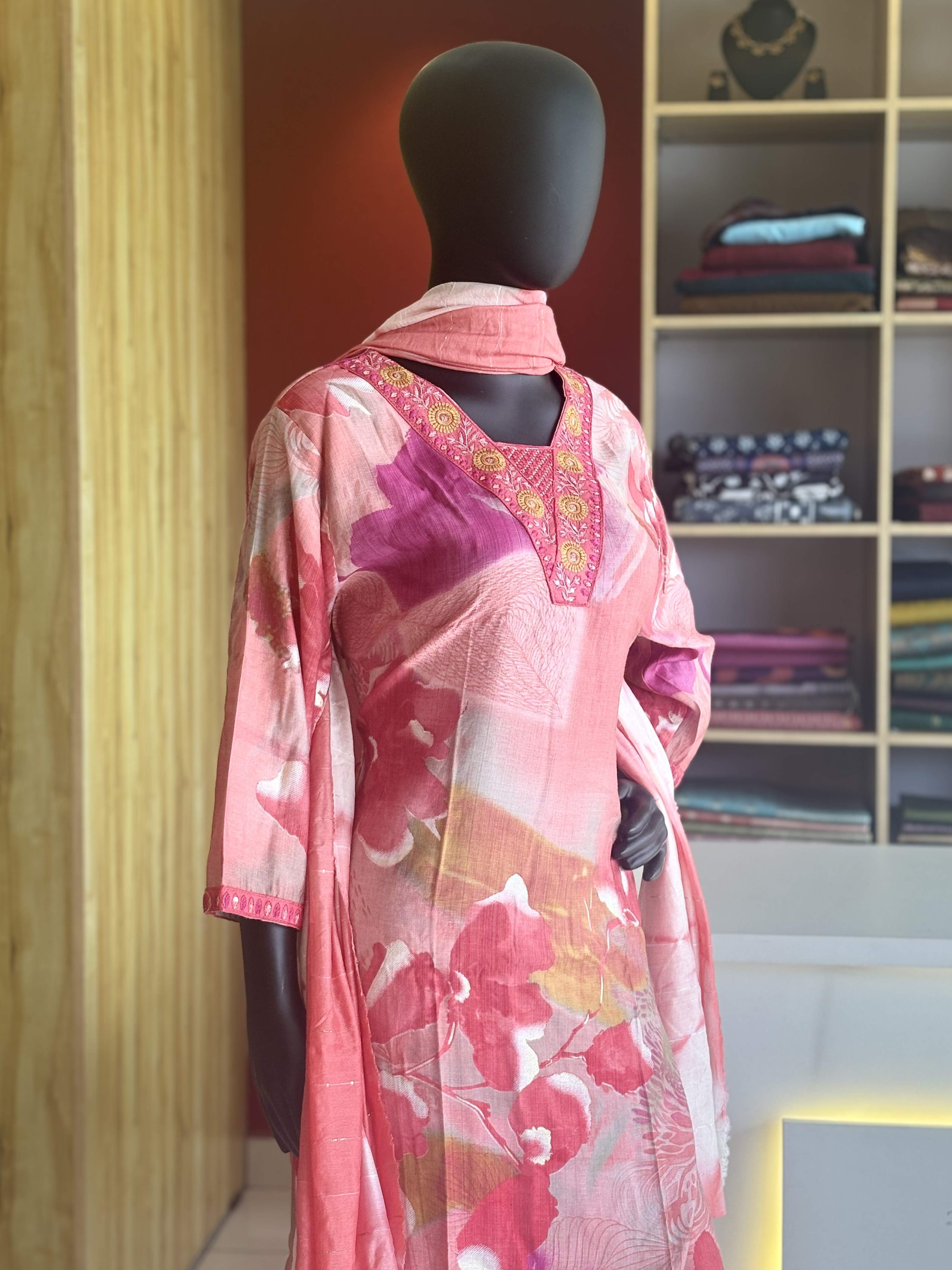 Vibrant Pink Floral Salwar Kameez with Neck Embroidery